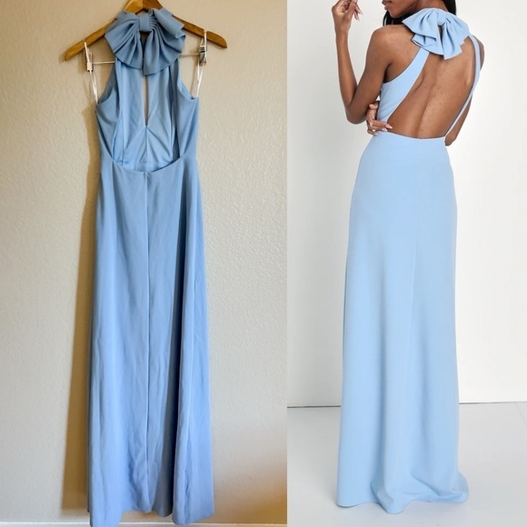 NWOT Striking Elegance Light Blue Bow Backless Halter Maxi Dress - Picture 3 of 8